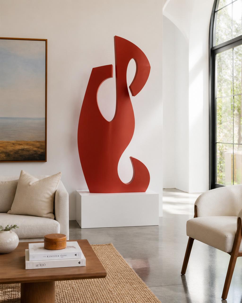 Living room with a contemporary red sculpture on a white plinth
